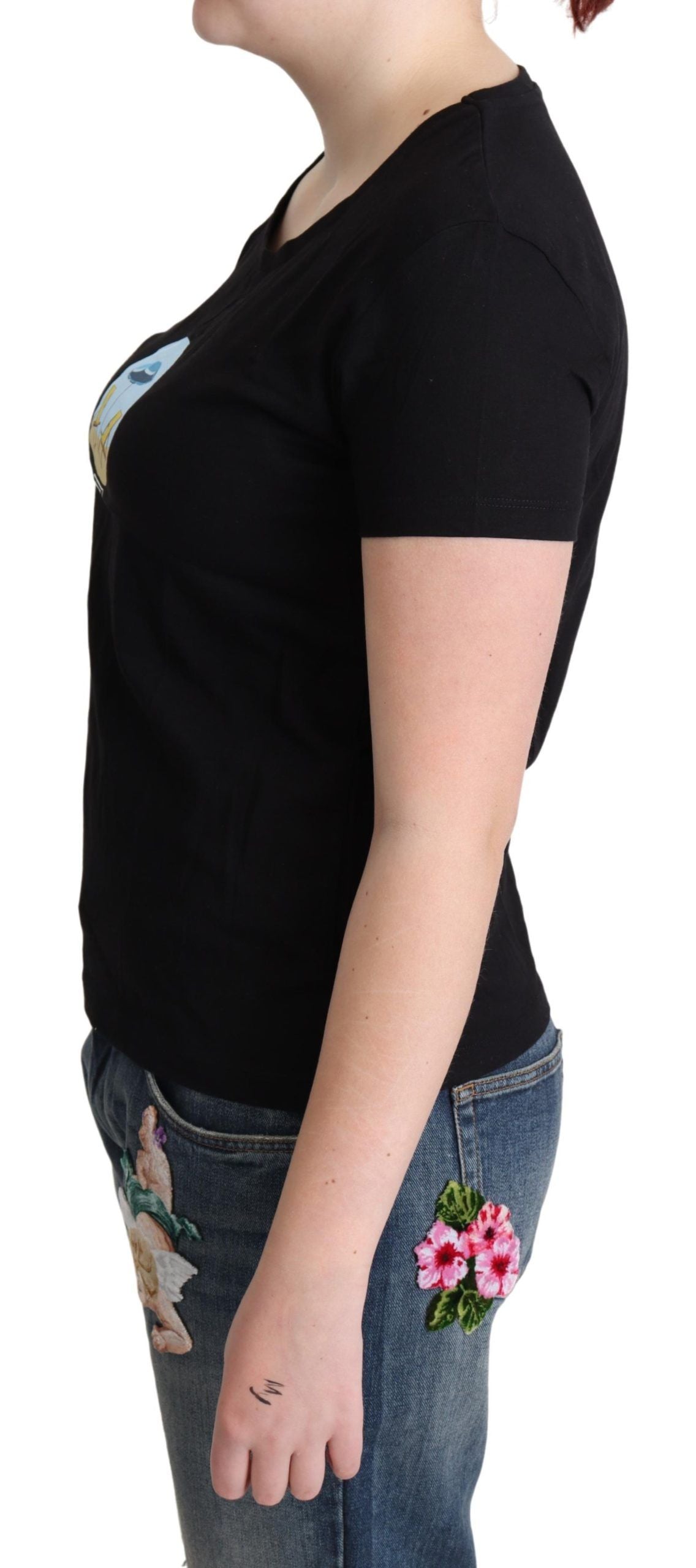 Schwarzes bedrucktes Baumwoll-T-Shirt mit kurzen Ärmeln