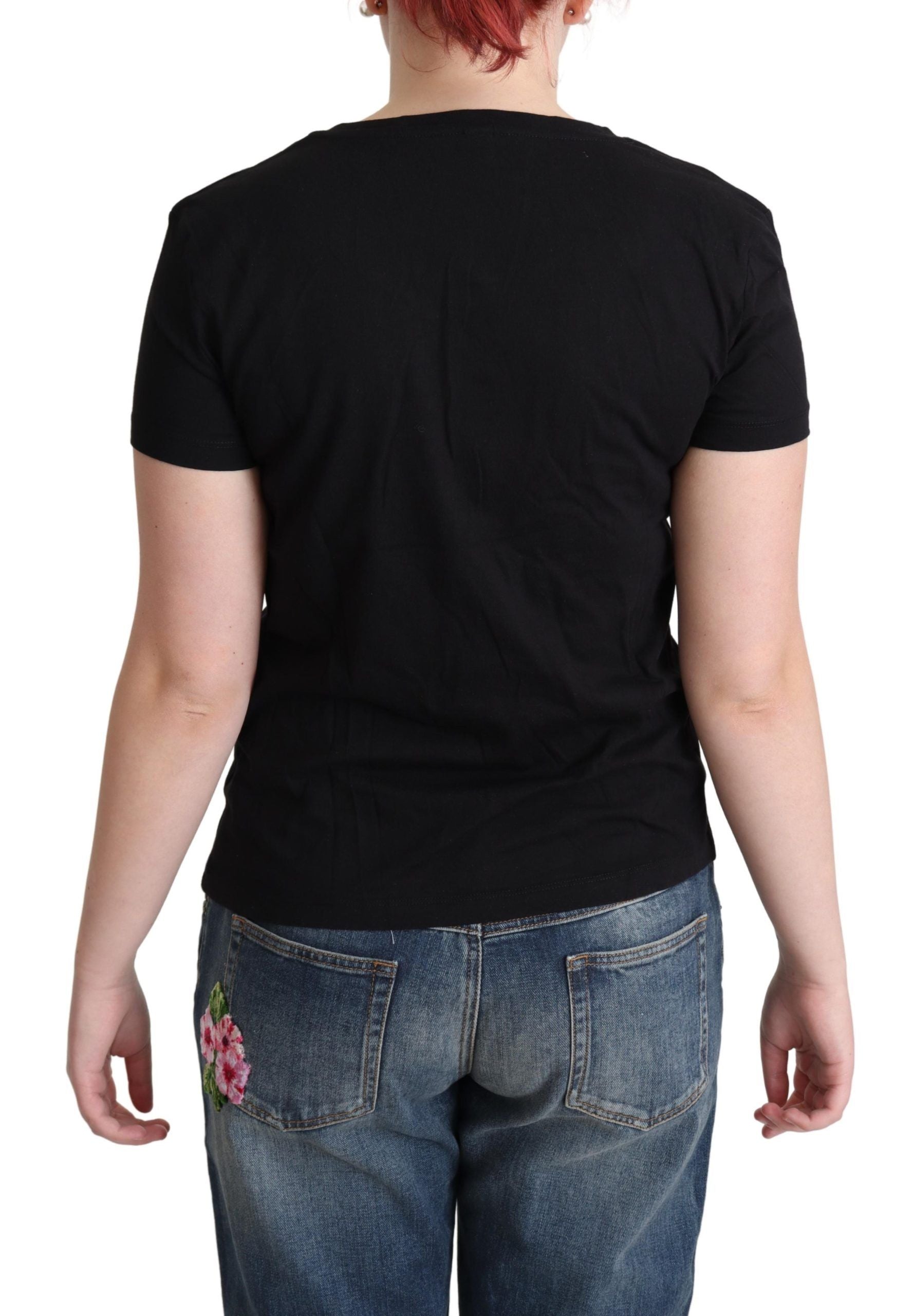 Schwarzes bedrucktes Baumwoll-T-Shirt mit kurzen Ärmeln
