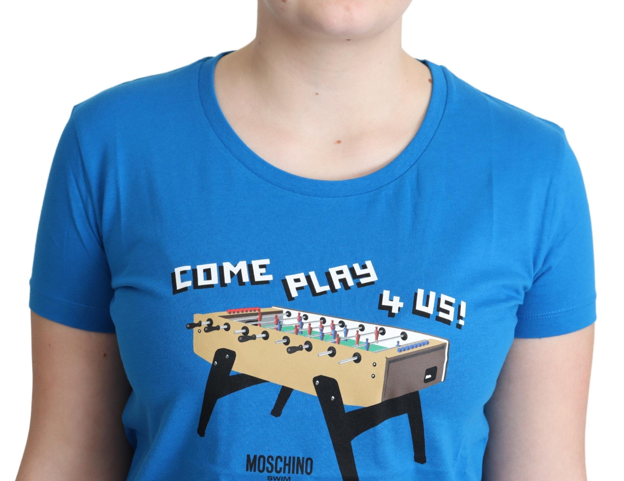 Blaues Baumwoll-T-Shirt Come Play 4 Us Print