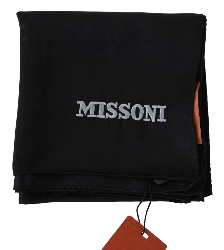 Elegant black wool scarf with logo embroidery
