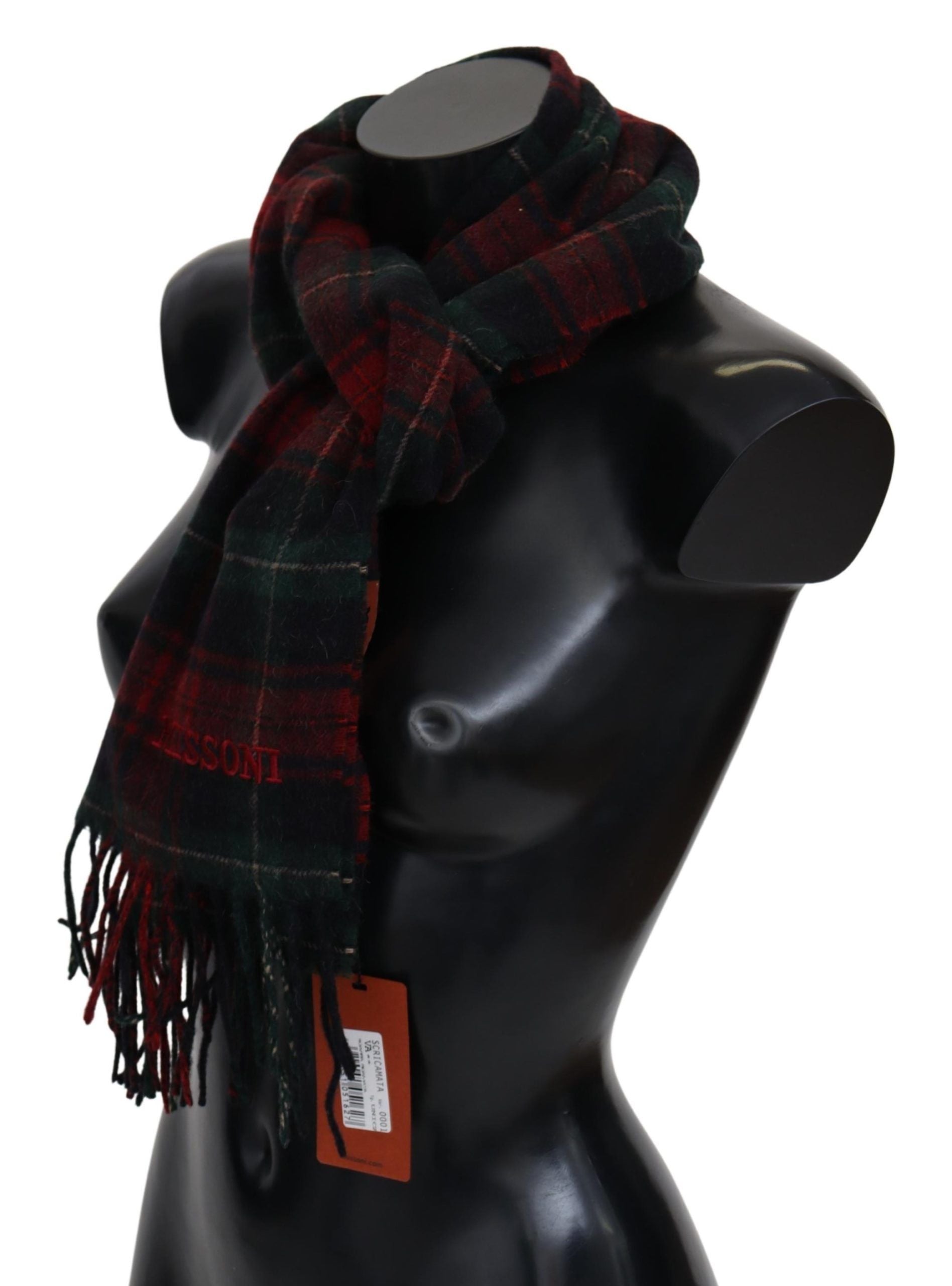 Elegant checked wool scarf with logo embroidery