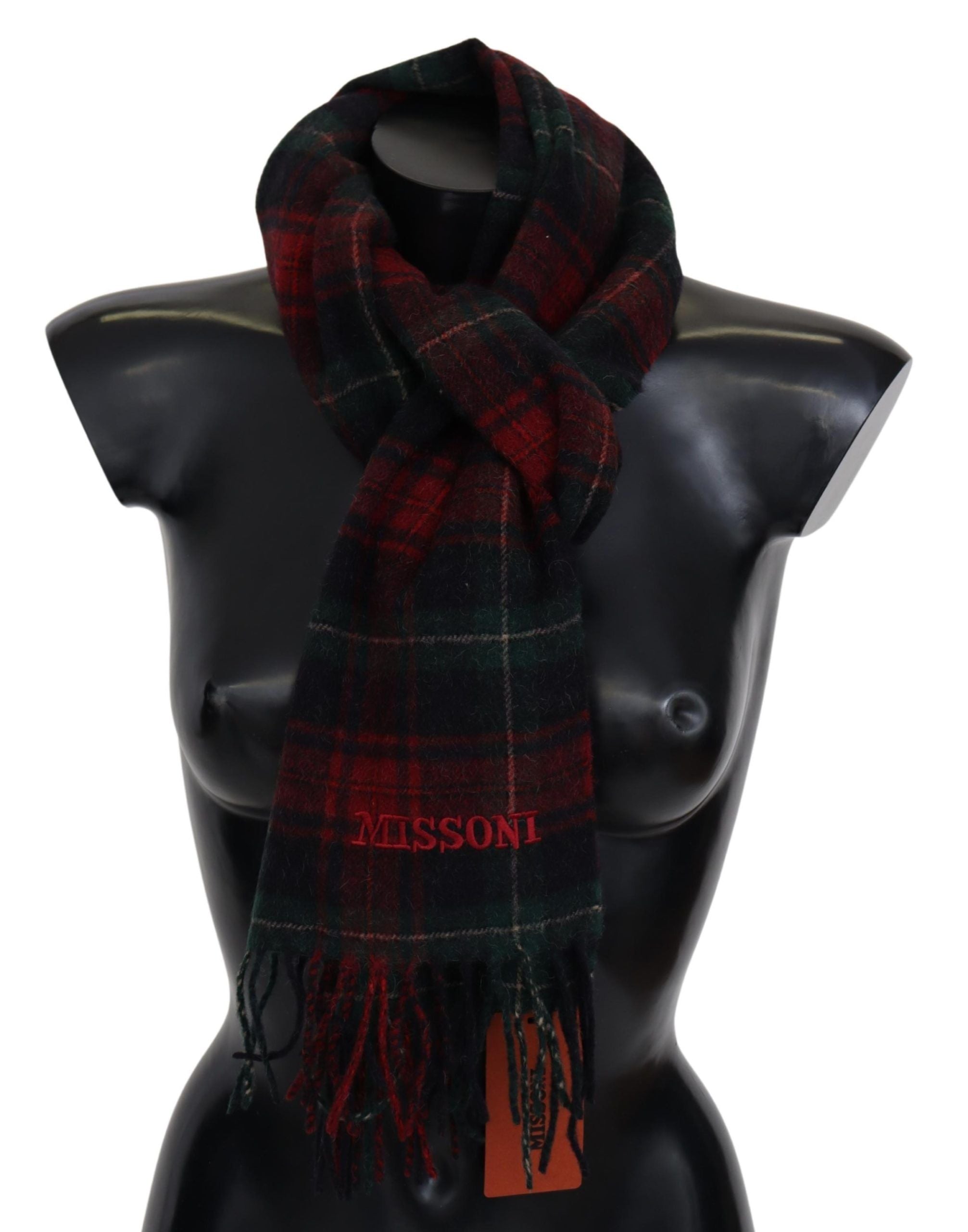 Elegant checked wool scarf with logo embroidery
