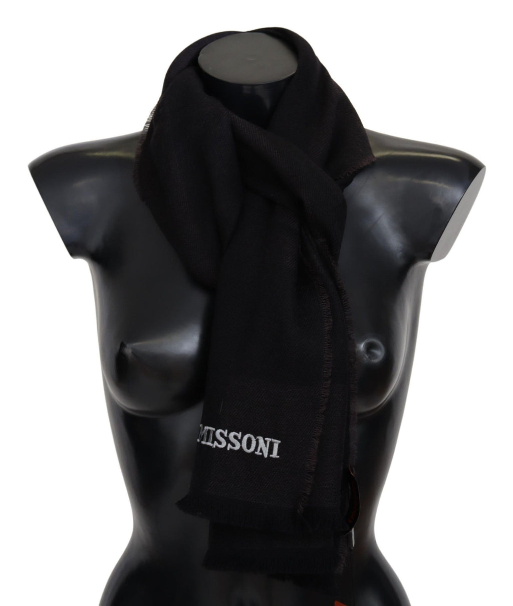 Elegant black wool scarf with logo embroidery