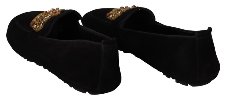 Dolce & Gabbana Elegante schwarze Leder-Slipper mit Goldstickerei