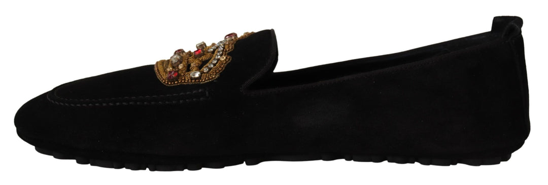 Dolce & Gabbana Elegante schwarze Leder-Slipper mit Goldstickerei