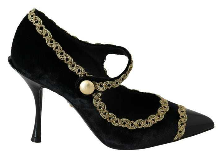 Elegante Pumps aus schwarzem Samt mit Goldbestickung