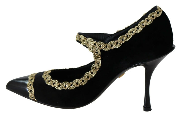 Elegante Pumps aus schwarzem Samt mit Goldbestickung