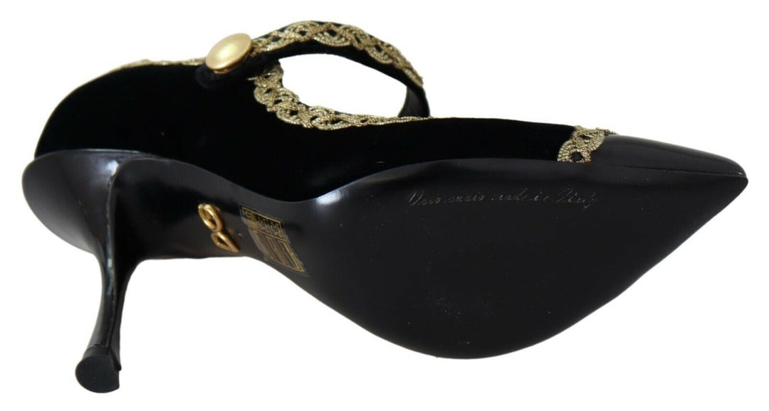 Elegante Pumps aus schwarzem Samt mit Goldbestickung