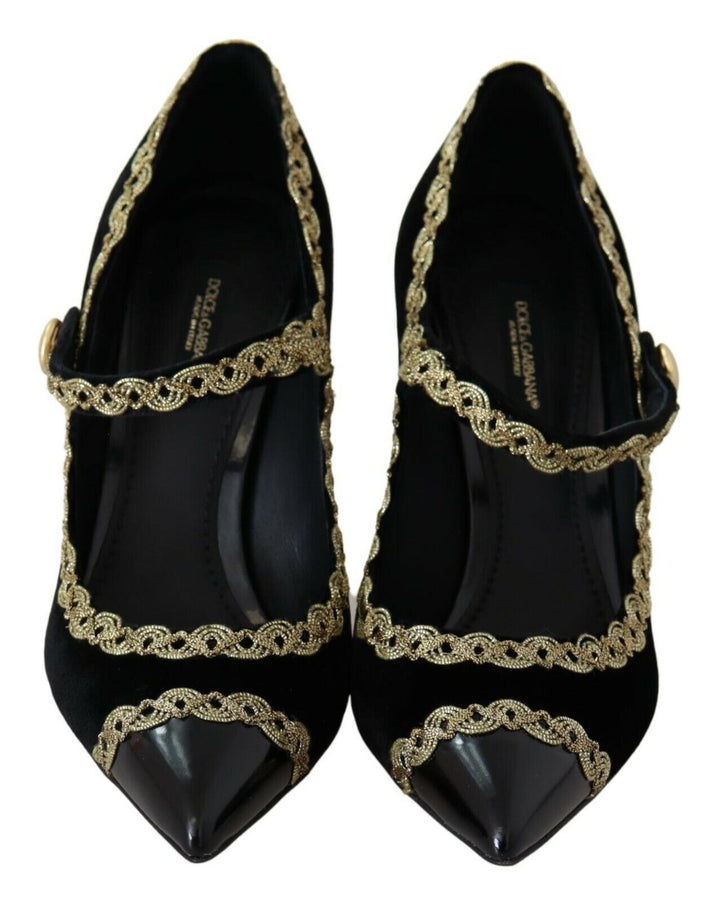 Elegante Pumps aus schwarzem Samt mit Goldbestickung