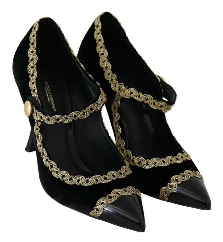 Elegante Pumps aus schwarzem Samt mit Goldbestickung