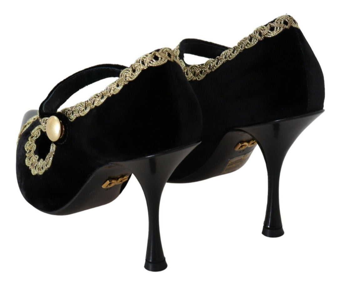 Elegante Pumps aus schwarzem Samt mit Goldbestickung