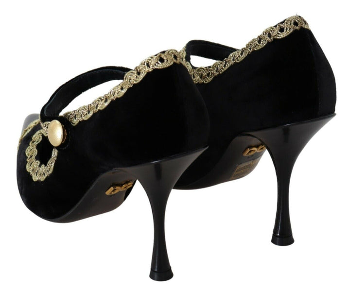 Elegante Pumps aus schwarzem Samt mit Goldbestickung