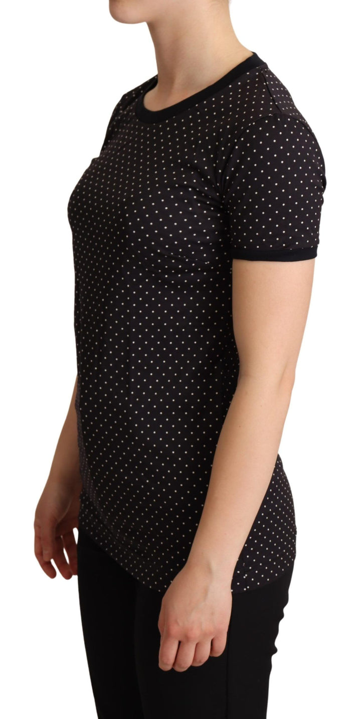 Schwarzes Kurzarm-Crewneck-Top mit Tupfen