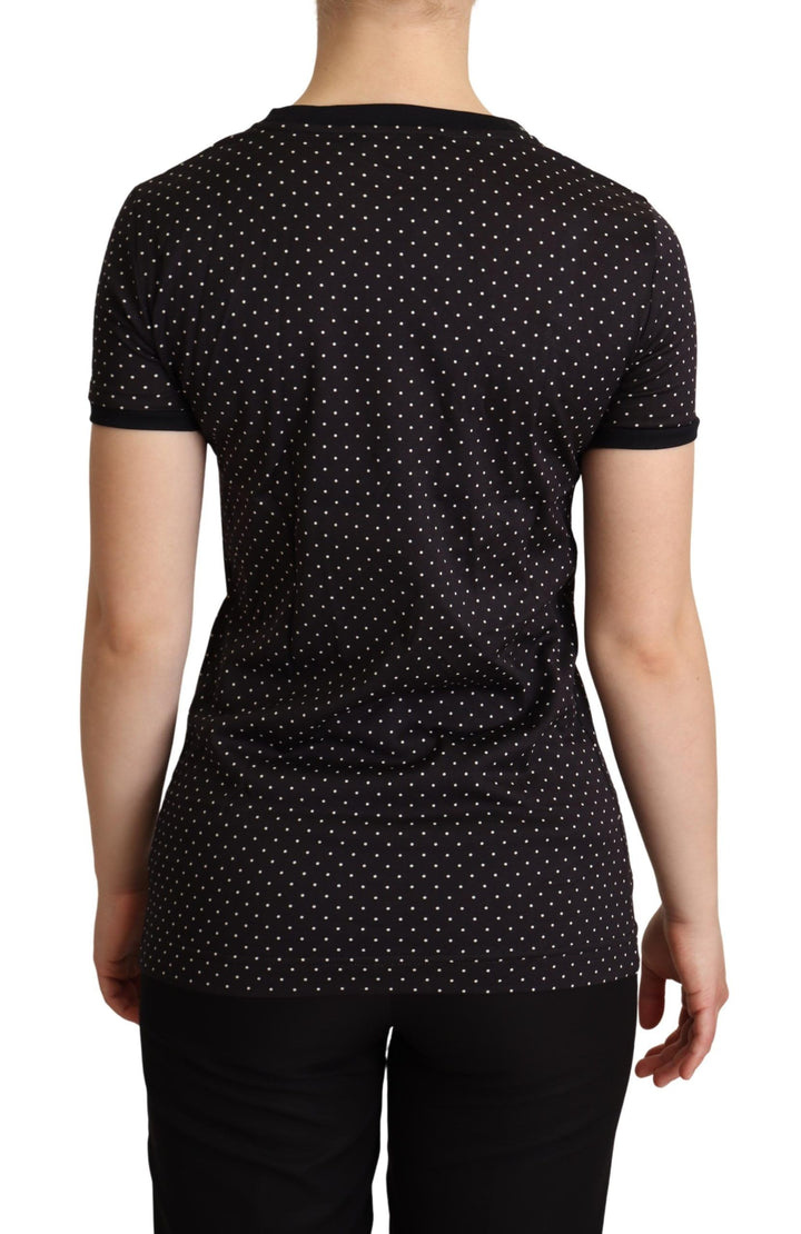 Schwarzes Kurzarm-Crewneck-Top mit Tupfen