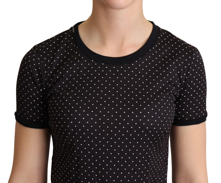 Schwarzes Kurzarm-Crewneck-Top mit Tupfen