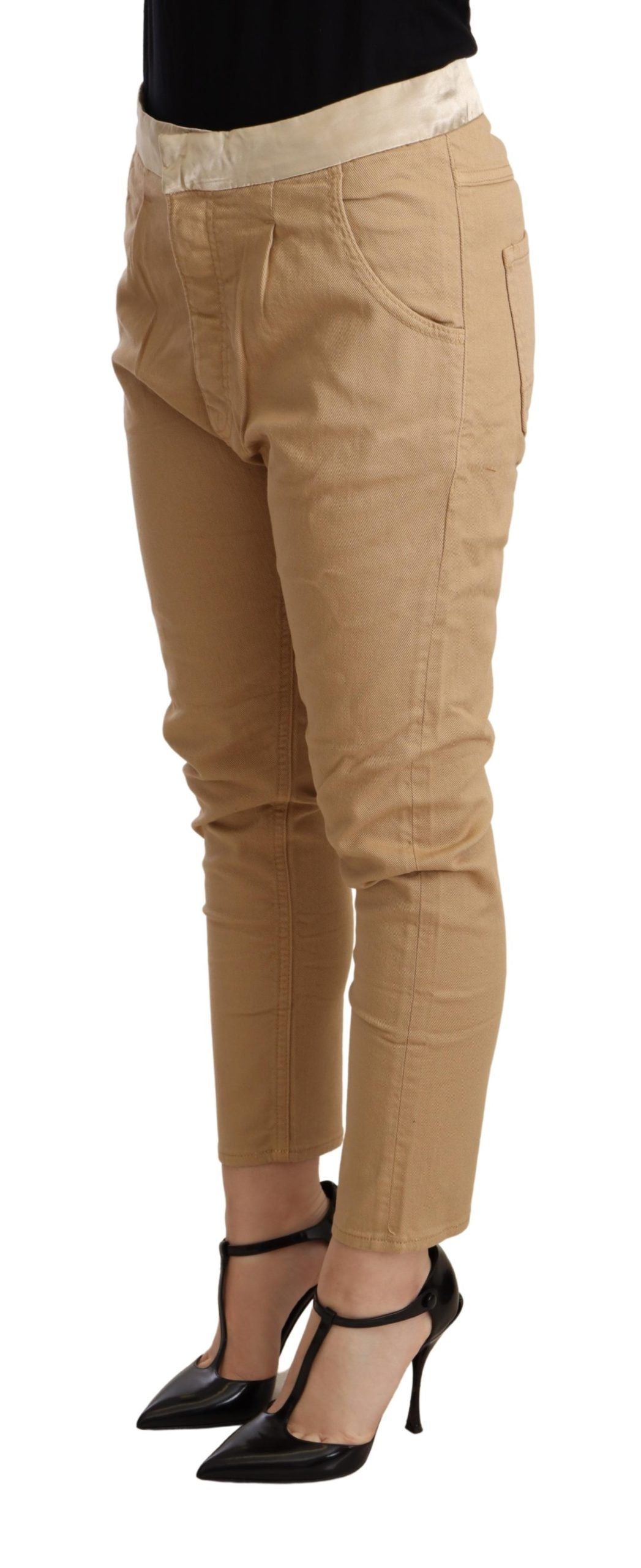 Beige mid waist slim fit skinny trousers