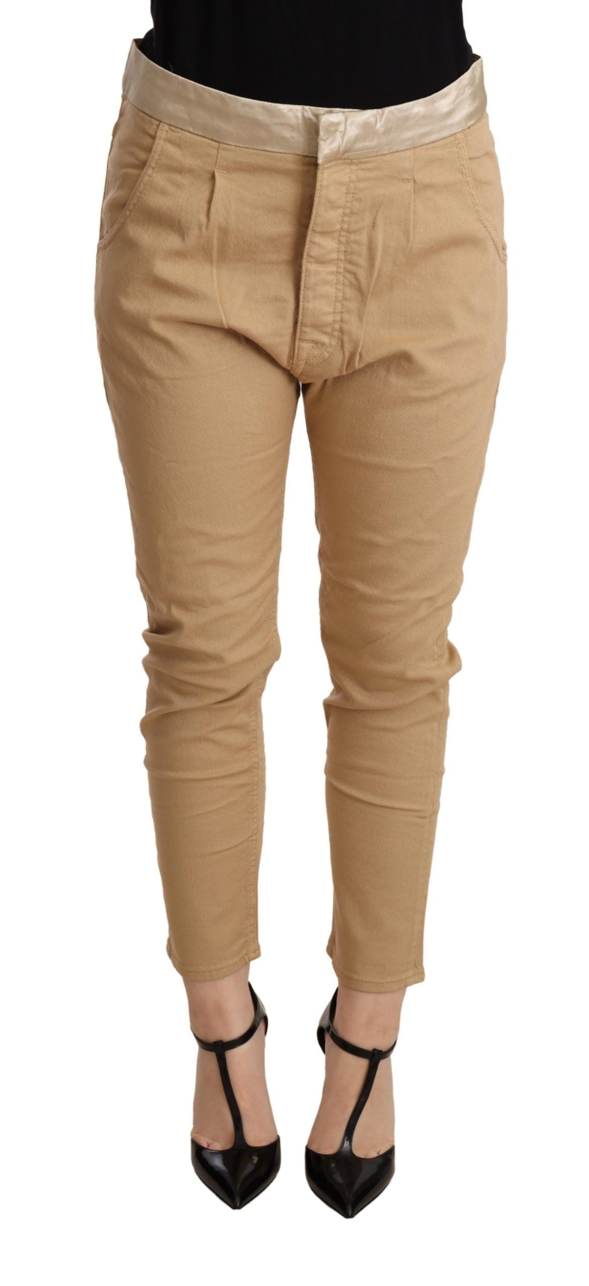 Beige mid waist slim fit skinny trousers
