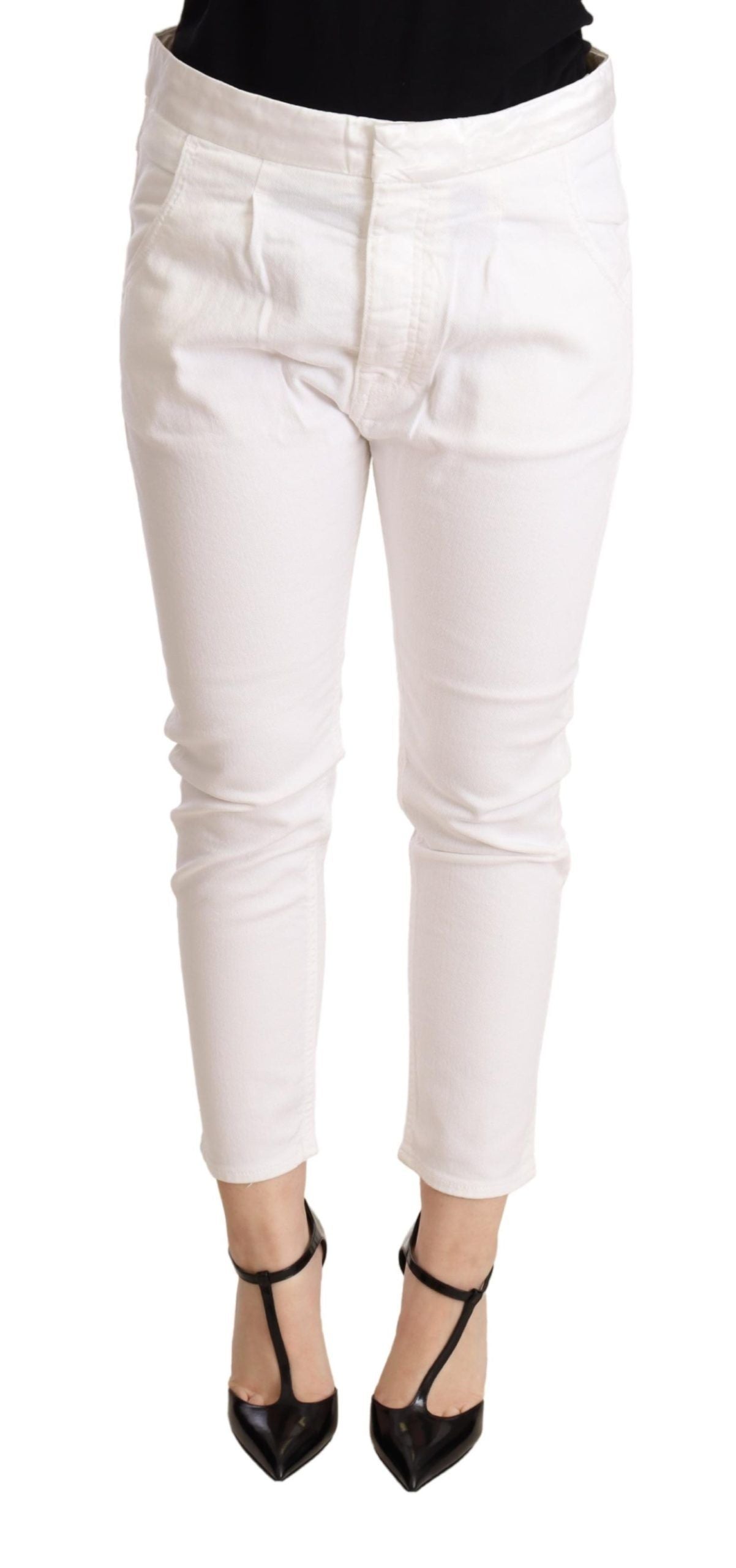 Weiße Mid Waist Slim Fit Skinny Cotton Stretch Hose