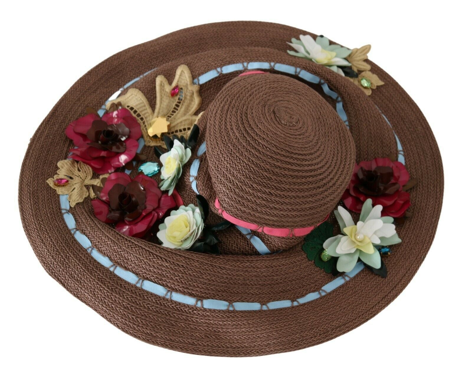 Brauner gestrickter Strohhut mit Blumen