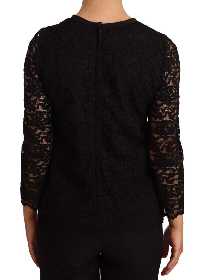 Elegant black long-sleeved top made of floral lace