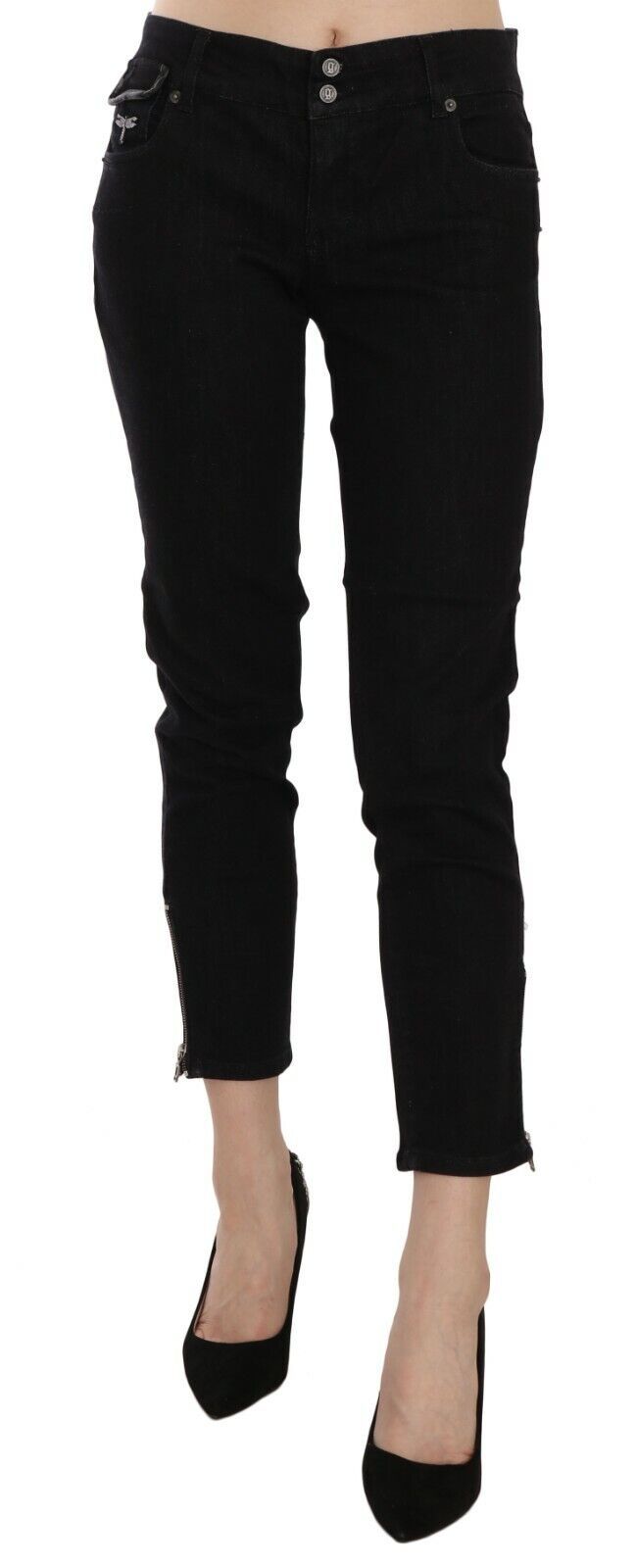 Schwarze Mid Waist Gekürzter Saum Denim Freizeithosen