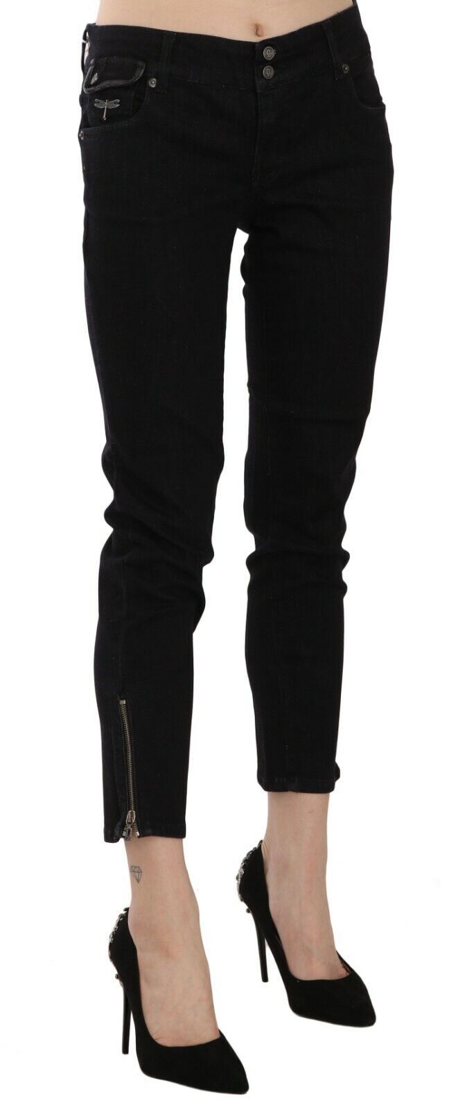 Schwarze Mid Waist Gekürzter Saum Denim Freizeithosen
