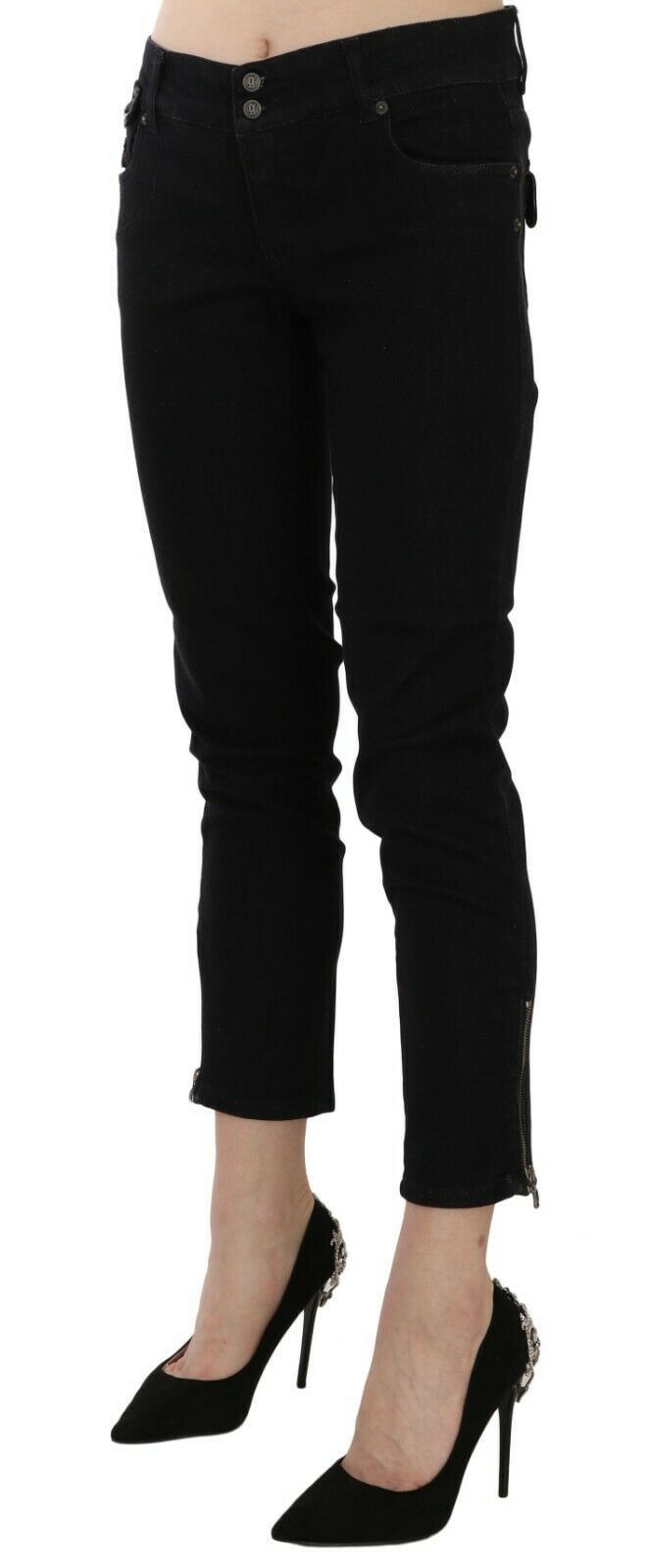 Schwarze Mid Waist Gekürzter Saum Denim Freizeithosen