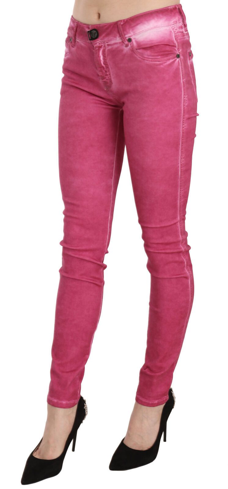 Rosa Samt Mid Waist Skinny Hose Hose