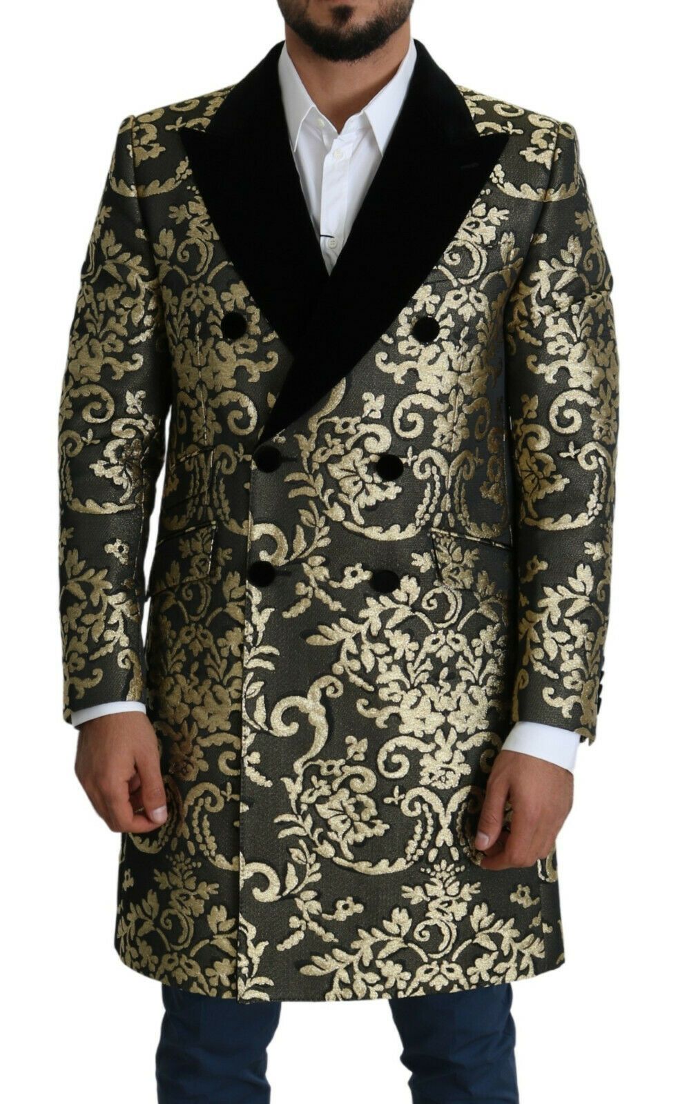 Gold Schwarzer Sicilia Jacquard-Mantel mit Doppelreihern