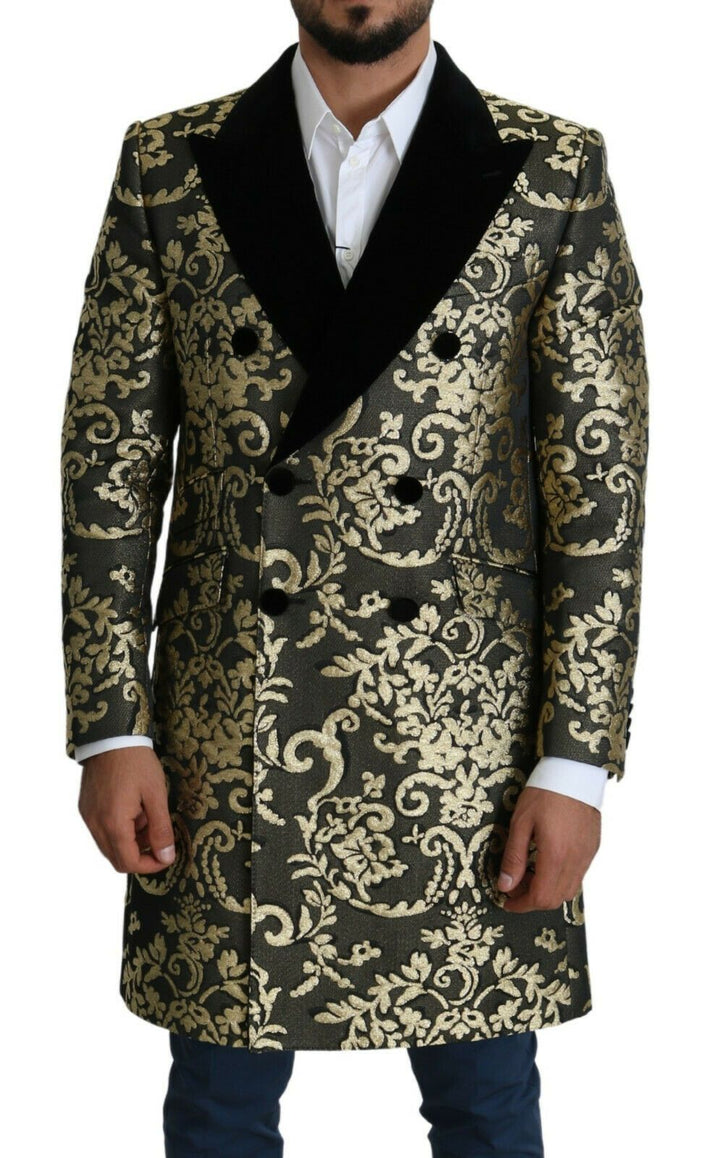 Gold Schwarzer Sicilia Jacquard-Mantel mit Doppelreihern