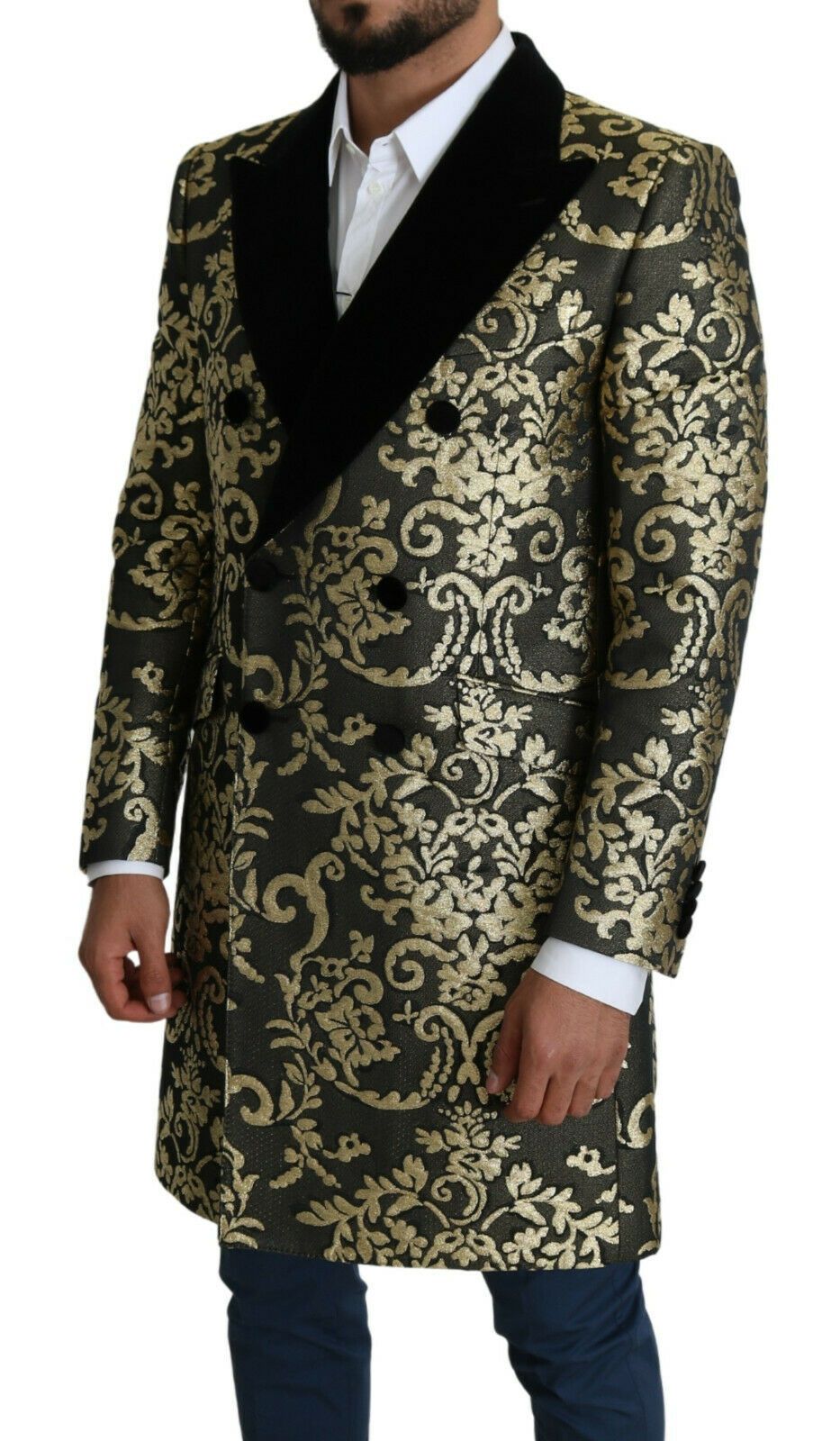 Gold Schwarzer Sicilia Jacquard-Mantel mit Doppelreihern