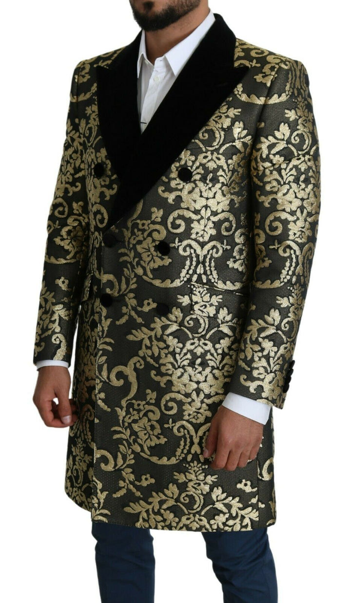 Gold Schwarzer Sicilia Jacquard-Mantel mit Doppelreihern