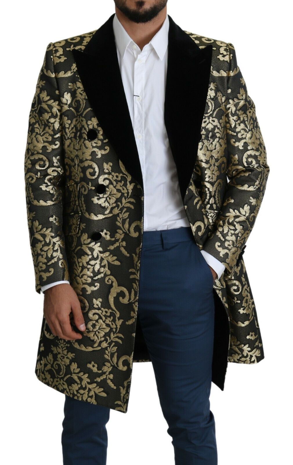 Gold Schwarzer Sicilia Jacquard-Mantel mit Doppelreihern