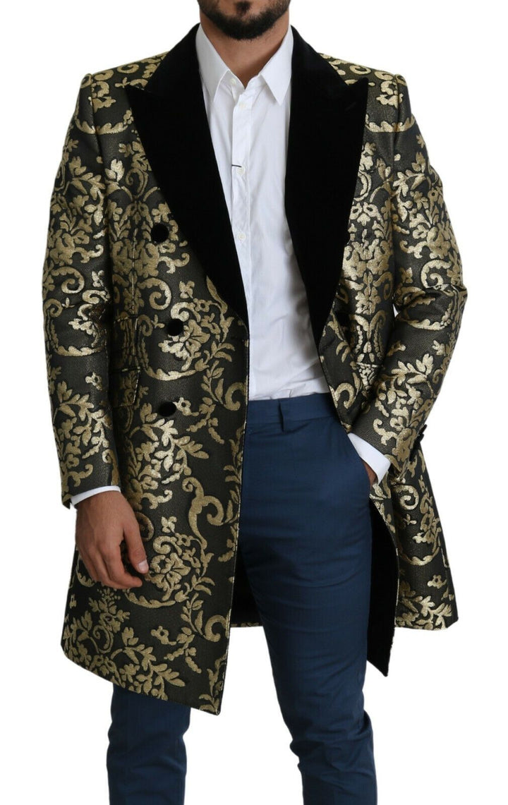 Gold Schwarzer Sicilia Jacquard-Mantel mit Doppelreihern