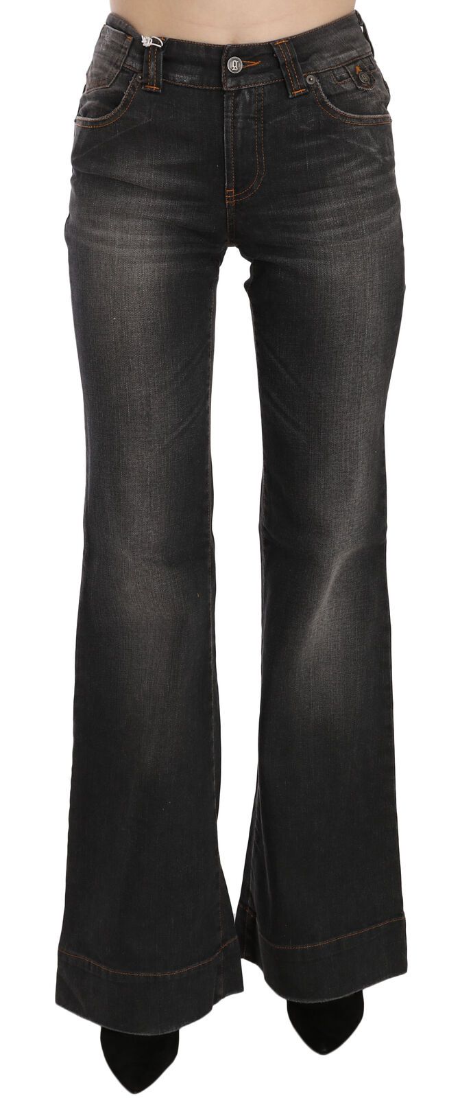 Schwarze verwaschene Jeans mit mittlerer Taille ausgestelltem Denim Casual Jeans
