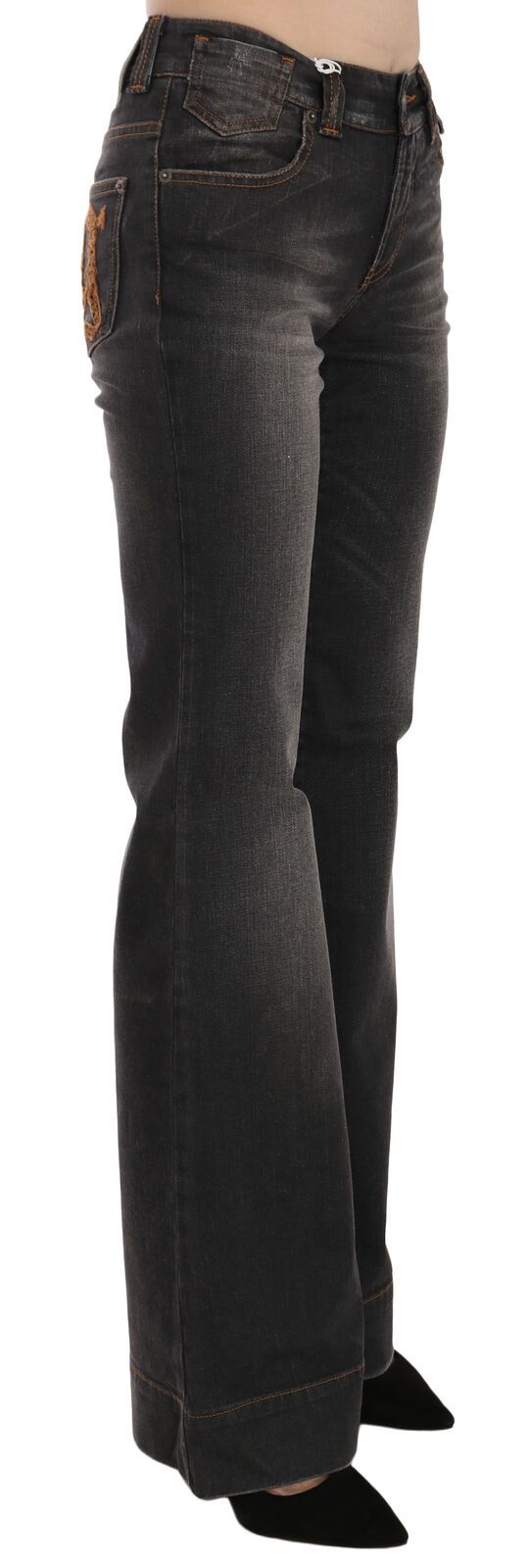 Schwarze verwaschene Jeans mit mittlerer Taille ausgestelltem Denim Casual Jeans