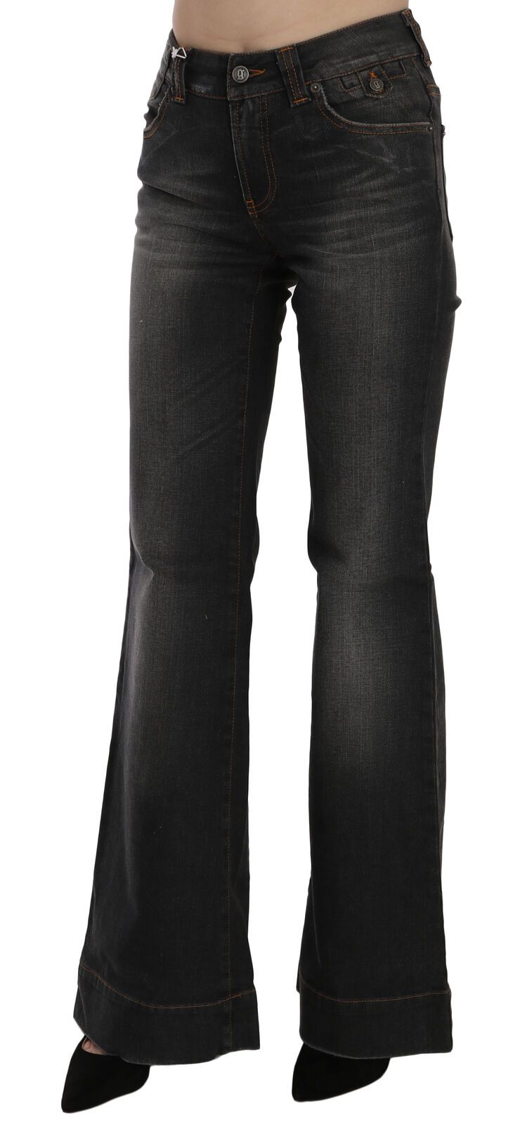 Schwarze verwaschene Jeans mit mittlerer Taille ausgestelltem Denim Casual Jeans