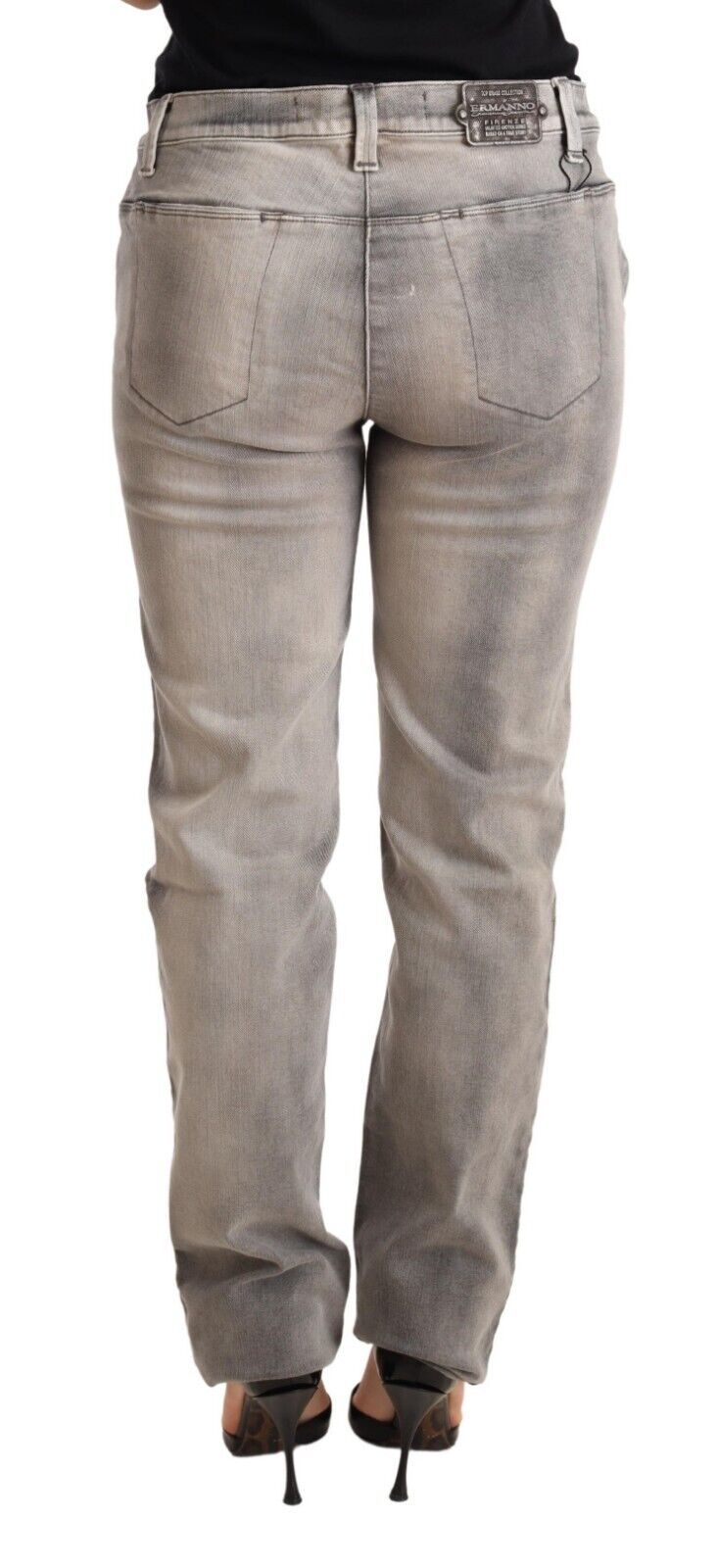Graue, gewaschene Skinny-Hose aus Baumwolle mit niedrigem Bund