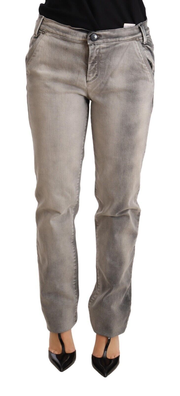Graue, gewaschene Skinny-Hose aus Baumwolle mit niedrigem Bund