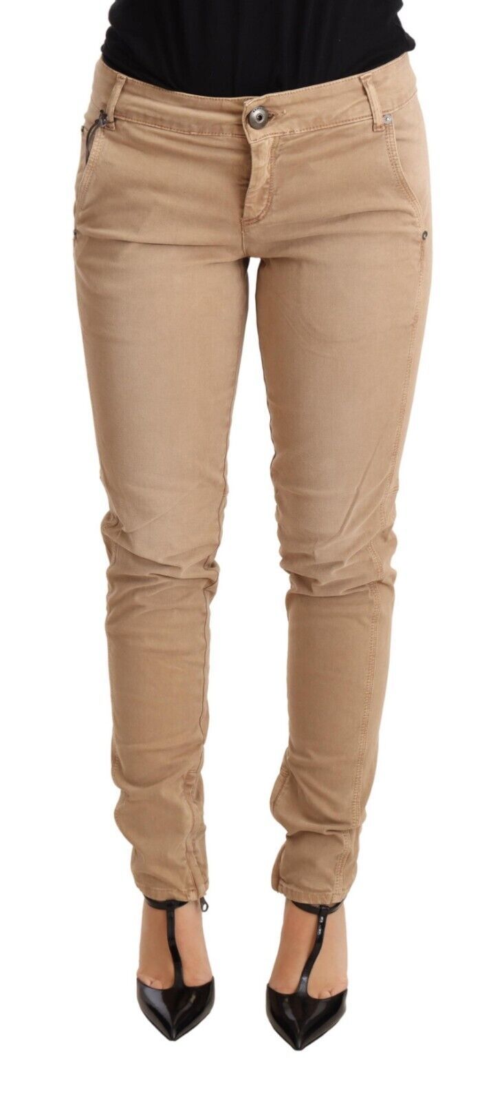 Braune Skinny-Denim-Hose mit niedriger Taille Baumwolljeans