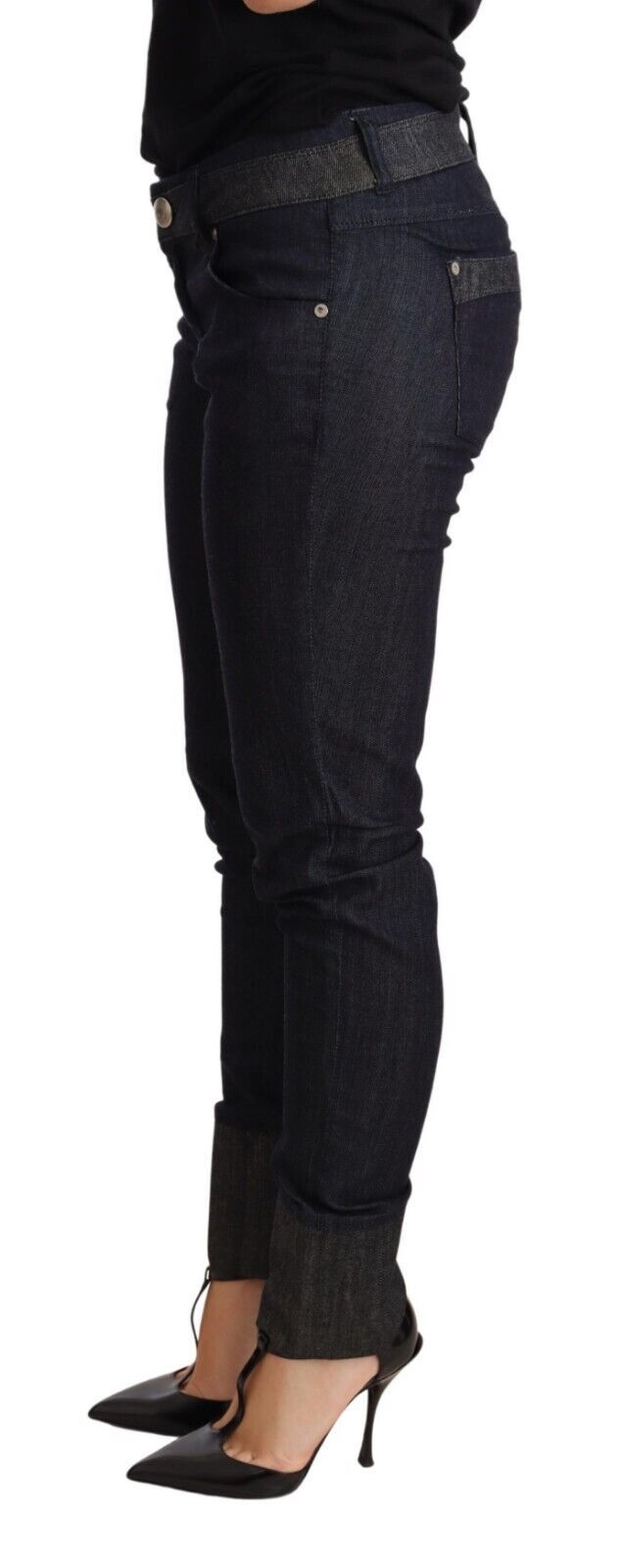 Blaue Skinny Denim-Hose mit gefaltetem Saum Baumwolljeans