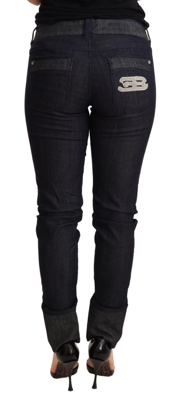 Blaue Skinny Denim-Hose mit gefaltetem Saum Baumwolljeans