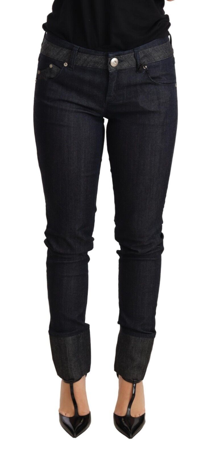Blaue Skinny Denim-Hose mit gefaltetem Saum Baumwolljeans