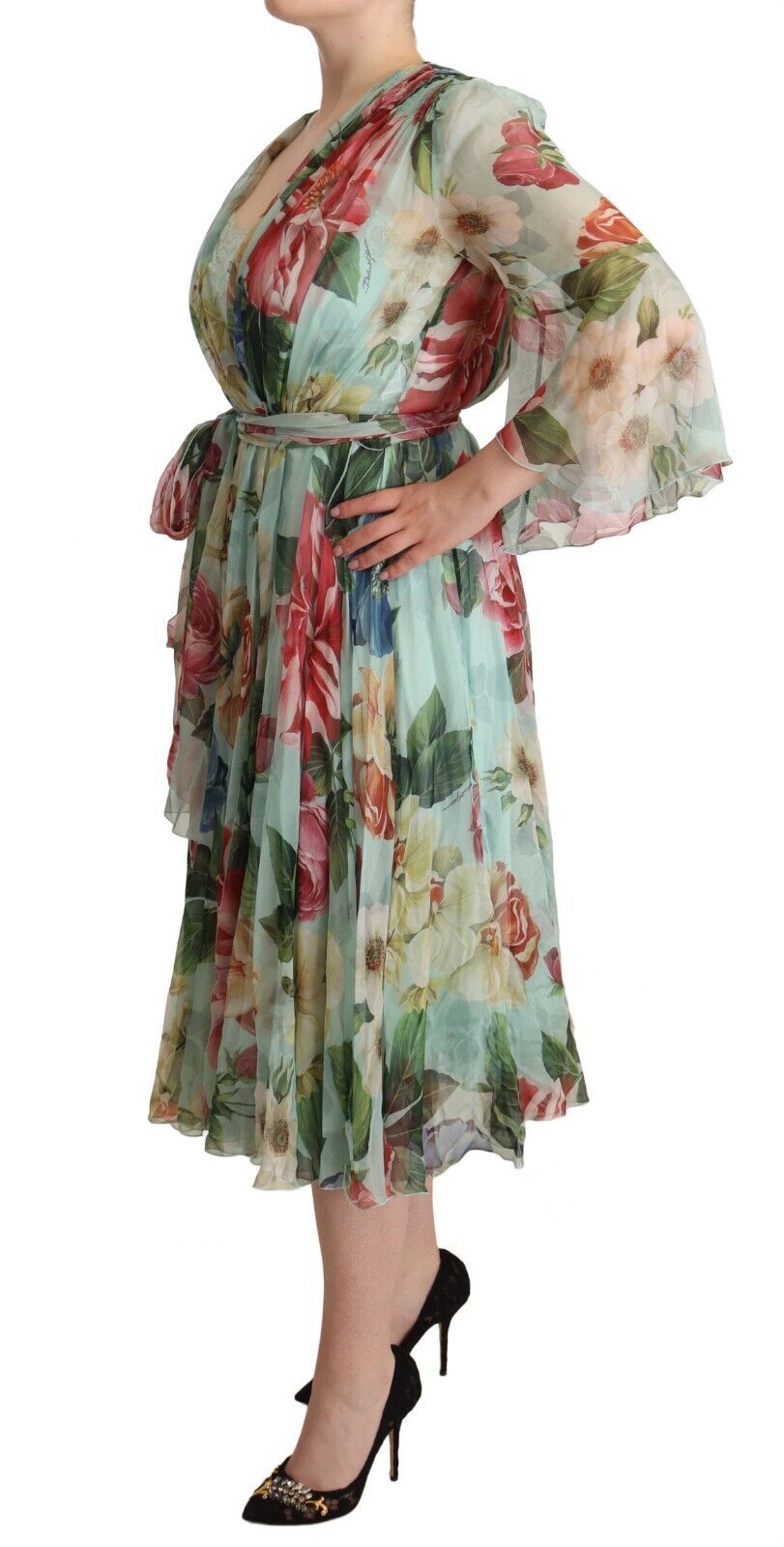 Elegant green silk midi dress with floral pattern