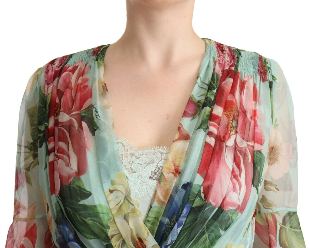 Elegant green silk midi dress with floral pattern