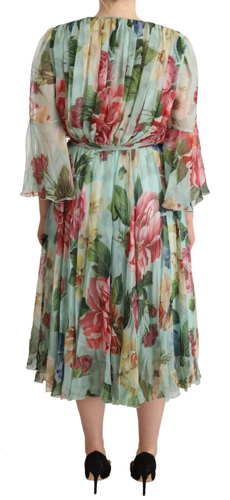 Elegant green silk midi dress with floral pattern