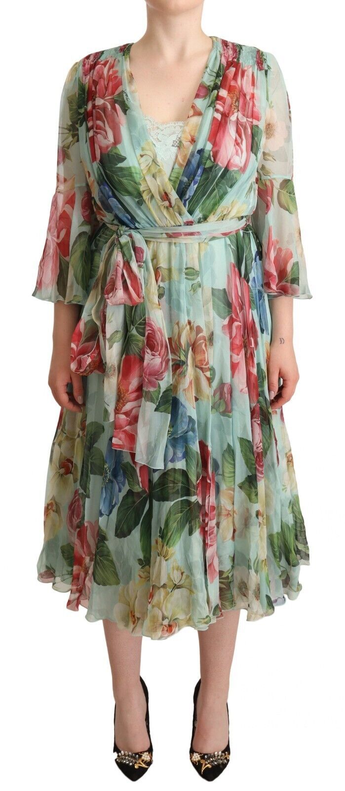 Elegant green silk midi dress with floral pattern