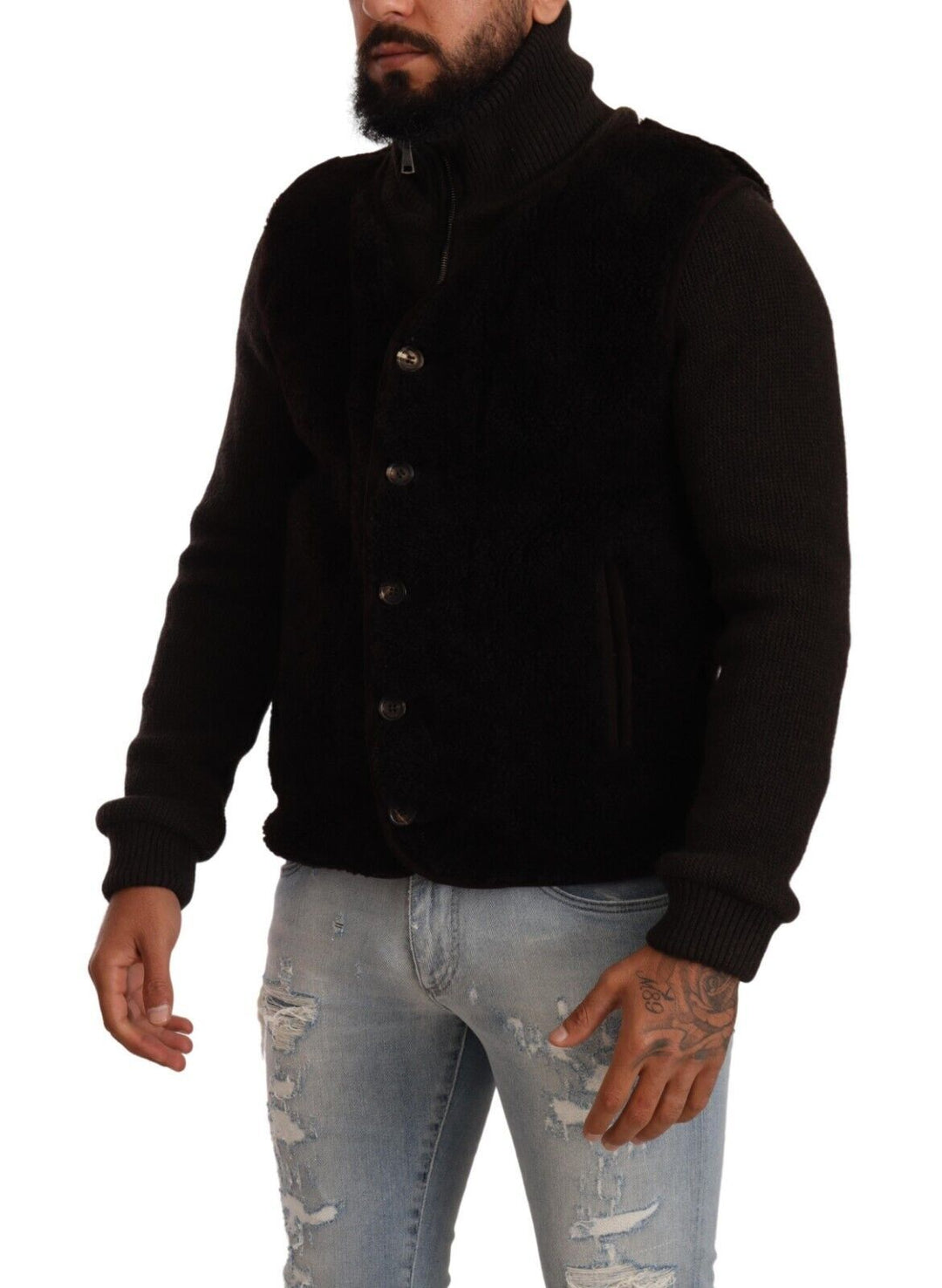 Schwarzes Leder Herren Turtle Neck Mantel Jacke