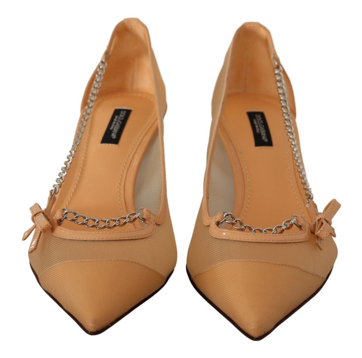 Elegant beige mesh pumps with silver chains