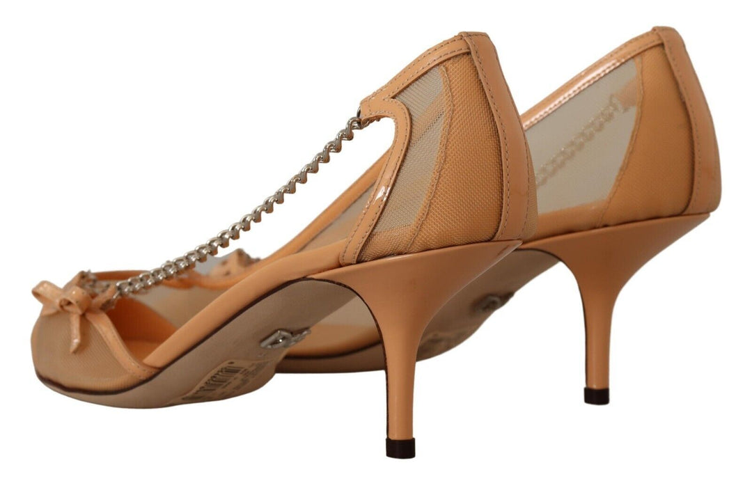 Elegant beige mesh pumps with silver chains